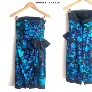 80s Vintage Silk Floral Dressw/ Bow strapless party dress prom cocktail holiday